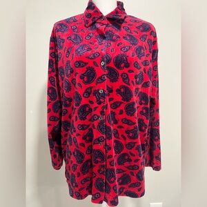 Vintage 90s Karen Scott Red Sweater with a Purple Paisley Pattern